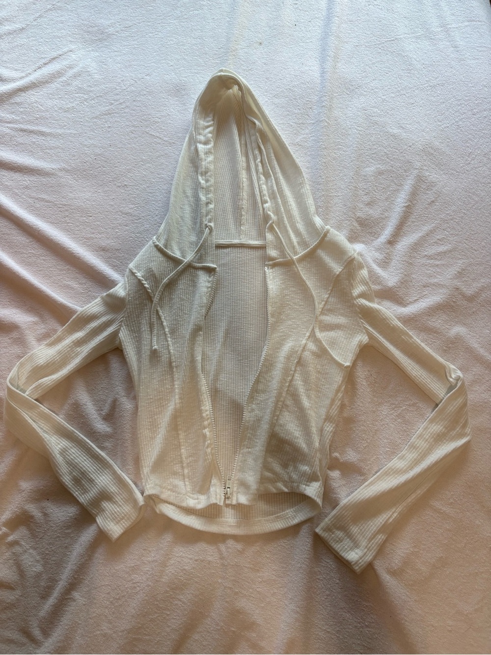 SHEIN Cream Ribbed Hooded Zip Cardigan